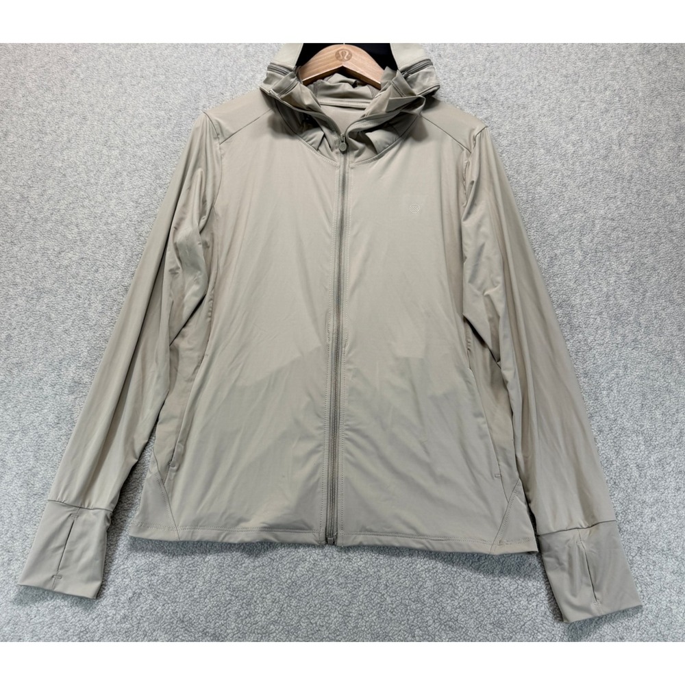 Womens Windbreaker Hooded Jacket Beige Full Zip Thumb Hole Raglan Sleeve S
